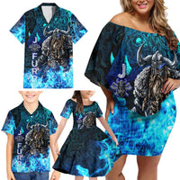 Jofurr Boar Warrior Viking Family Matching Off Shoulder Short Dress and Hawaiian Shirt Frost Viking Runes Blue Flame