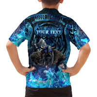 Jofurr Boar Warrior Viking Family Matching Short Sleeve Bodycon Dress and Hawaiian Shirt Frost Viking Runes Blue Flame