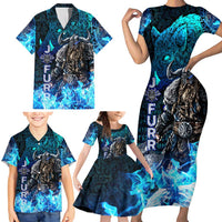 Jofurr Boar Warrior Viking Family Matching Short Sleeve Bodycon Dress and Hawaiian Shirt Frost Viking Runes Blue Flame