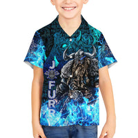 Jofurr Boar Warrior Viking Family Matching Short Sleeve Bodycon Dress and Hawaiian Shirt Frost Viking Runes Blue Flame