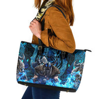 Jofurr Boar Warrior Viking Leather Tote Bag Frost Viking Runes Blue Flame
