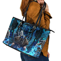 Jofurr Boar Warrior Viking Leather Tote Bag Frost Viking Runes Blue Flame