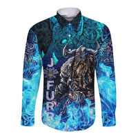 Jofurr Boar Warrior Viking Long Sleeve Button Shirt Frost Viking Runes Blue Flame
