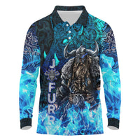 Jofurr Boar Warrior Viking Long Sleeve Polo Shirt Frost Viking Runes Blue Flame