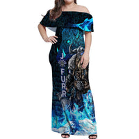 Jofurr Boar Warrior Viking Off Shoulder Maxi Dress Frost Viking Runes Blue Flame
