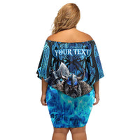 Jofurr Boar Warrior Viking Off Shoulder Short Dress Frost Viking Runes Blue Flame