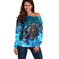 Jofurr Boar Warrior Viking Off Shoulder Sweater Frost Viking Runes Blue Flame