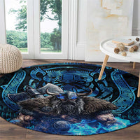 Jofurr Boar Warrior Viking Round Carpet Frost Viking Runes Blue Flame
