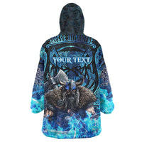 Jofurr Boar Warrior Viking Wearable Blanket Hoodie Frost Viking Runes Blue Flame