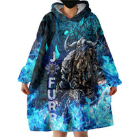 Jofurr Boar Warrior Viking Wearable Blanket Hoodie Frost Viking Runes Blue Flame