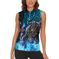 Jofurr Boar Warrior Viking Women Sleeveless Polo Shirt Frost Viking Runes Blue Flame
