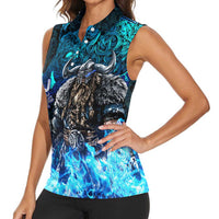 Jofurr Boar Warrior Viking Women Sleeveless Polo Shirt Frost Viking Runes Blue Flame