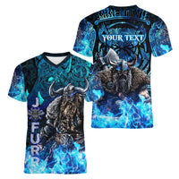 Jofurr Boar Warrior Viking Women V-Neck T-Shirt Frost Viking Runes Blue Flame