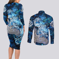Eye of God Huginn and Muninn Viking Couples Matching Long Sleeve Bodycon Dress and Long Sleeve Button Shirt Odin Ravens in Frostflame and Runeflight Style