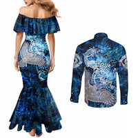 Eye of God Huginn and Muninn Viking Couples Matching Mermaid Dress and Long Sleeve Button Shirt Odin Ravens in Frostflame and Runeflight Style