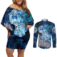 Eye of God Huginn and Muninn Viking Couples Matching Off Shoulder Short Dress and Long Sleeve Button Shirt Odin Ravens in Frostflame and Runeflight Style