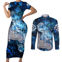 Eye of God Huginn and Muninn Viking Couples Matching Short Sleeve Bodycon Dress and Long Sleeve Button Shirt Odin Ravens in Frostflame and Runeflight Style