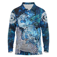 Eye of God Huginn and Muninn Viking Long Sleeve Polo Shirt Odin Ravens in Frostflame and Runeflight Style