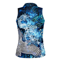 Eye of God Huginn and Muninn Viking Women Sleeveless Polo Shirt Odin Ravens in Frostflame and Runeflight Style