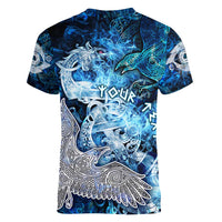 Eye of God Huginn and Muninn Viking Women V-Neck T-Shirt Odin Ravens in Frostflame and Runeflight Style