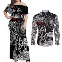 Viking Warrior Couples Matching Off Shoulder Maxi Dress and Long Sleeve Button Shirt Tales Entwined in Nordic Knotwork