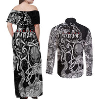 Viking Warrior Couples Matching Off Shoulder Maxi Dress and Long Sleeve Button Shirt Tales Entwined in Nordic Knotwork