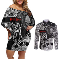 Viking Warrior Couples Matching Off Shoulder Short Dress and Long Sleeve Button Shirt Tales Entwined in Nordic Knotwork