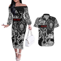 Viking Warrior Couples Matching Off The Shoulder Long Sleeve Dress and Hawaiian Shirt Tales Entwined in Nordic Knotwork