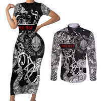 Viking Warrior Couples Matching Short Sleeve Bodycon Dress and Long Sleeve Button Shirt Tales Entwined in Nordic Knotwork