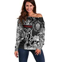 Viking Warrior Off Shoulder Sweater Tales Entwined in Nordic Knotwork