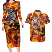 Firefighter Fathers Day Couples Matching Long Sleeve Bodycon Dress and Hawaiian Shirt Dad By Name - Firefighter By Heart