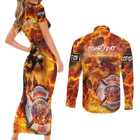 Firefighter Fathers Day Couples Matching Short Sleeve Bodycon Dress and Long Sleeve Button Shirt Dad By Name - Firefighter By Heart