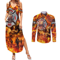 Firefighter Fathers Day Couples Matching Summer Maxi Dress and Long Sleeve Button Shirt Dad By Name - Firefighter By Heart