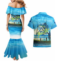 Reel Cool Dad Fishing Couples Matching Mermaid Dress and Hawaiian Shirt Father Hooked on Love and Lakeside Moments