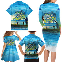 Reel Cool Dad Fishing Family Matching Long Sleeve Bodycon Dress and Hawaiian Shirt Father Hooked on Love and Lakeside Moments