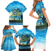 Reel Cool Dad Fishing Family Matching Short Sleeve Bodycon Dress and Hawaiian Shirt Father Hooked on Love and Lakeside Moments