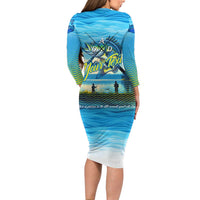 Reel Cool Dad Fishing Long Sleeve Bodycon Dress Father Hooked on Love and Lakeside Moments