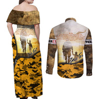 Veteran Dad Couples Matching Off Shoulder Maxi Dress and Long Sleeve Button Shirt The Strength of a Soldier - The Heart of a Father