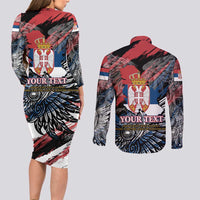 Serbia Couples Matching Long Sleeve Bodycon Dress and Long Sleeve Button Shirt Wings of the Nation Crown of Heritage
