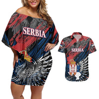 Serbia Couples Matching Off Shoulder Short Dress and Hawaiian Shirt Wings of the Nation Crown of Heritage
