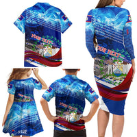 Belize One Flag One Heart Family Matching Long Sleeve Bodycon Dress and Hawaiian Shirt Caribbean Heartbeat - Where Compass Meets Culture
