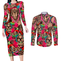 Festival Memories Skull Couples Matching Long Sleeve Bodycon Dress and Long Sleeve Button Shirts - Wonder Print Shop