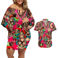 Off-shoulder short dress and Hawaiian shirt set with colorful skull and floral print