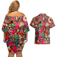 Back view of off-shoulder short dress and Hawaiian shirt set with skull and floral print