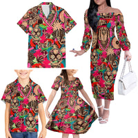 Festival Memories Skull Family Matching Off Shoulder Long Sleeve Dress and Hawaiian Shirt - Wonder Print Shop