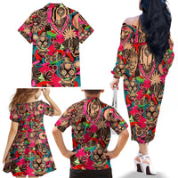 Festival Memories Skull Family Matching Off Shoulder Long Sleeve Dress and Hawaiian Shirt - Wonder Print Shop