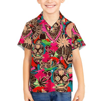 Kids Hawaiian shirt with skulls and tropical floral print, camp collar