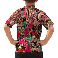 Kids Hawaiian shirt back with skull and tropical floral print, camp collar