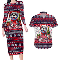 Bulldog Merry Woofmas Couples Matching Long Sleeve Bodycon Dress and Hawaiian Shirt Christmas Dog Art Style - Wonder Print Shop