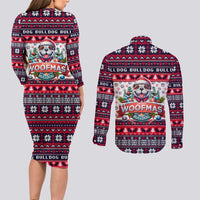 Bulldog Merry Woofmas Couples Matching Long Sleeve Bodycon Dress and Long Sleeve Button Shirt Christmas Dog Art Style - Wonder Print Shop